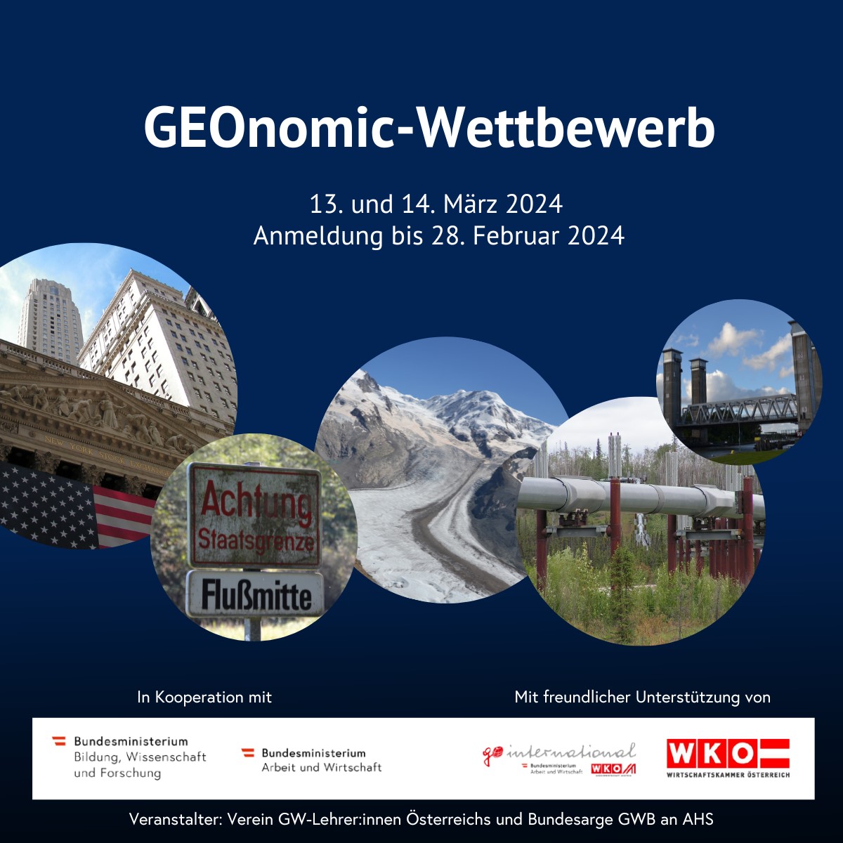 Geonomic-Wettbewerb 2023/24 - Logos von Wirtschaftskammer Österreich, Bundesministerium für Arbeit und Wirtschaft, Bundesministerium für Bildung, Wissenschaft und Forschung