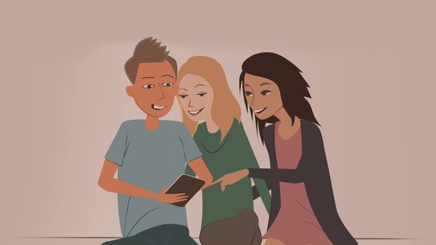 Video Cybermobbing - Startbild, ein Schüler, zwei Schülerinnen mit Mobiltelefon
