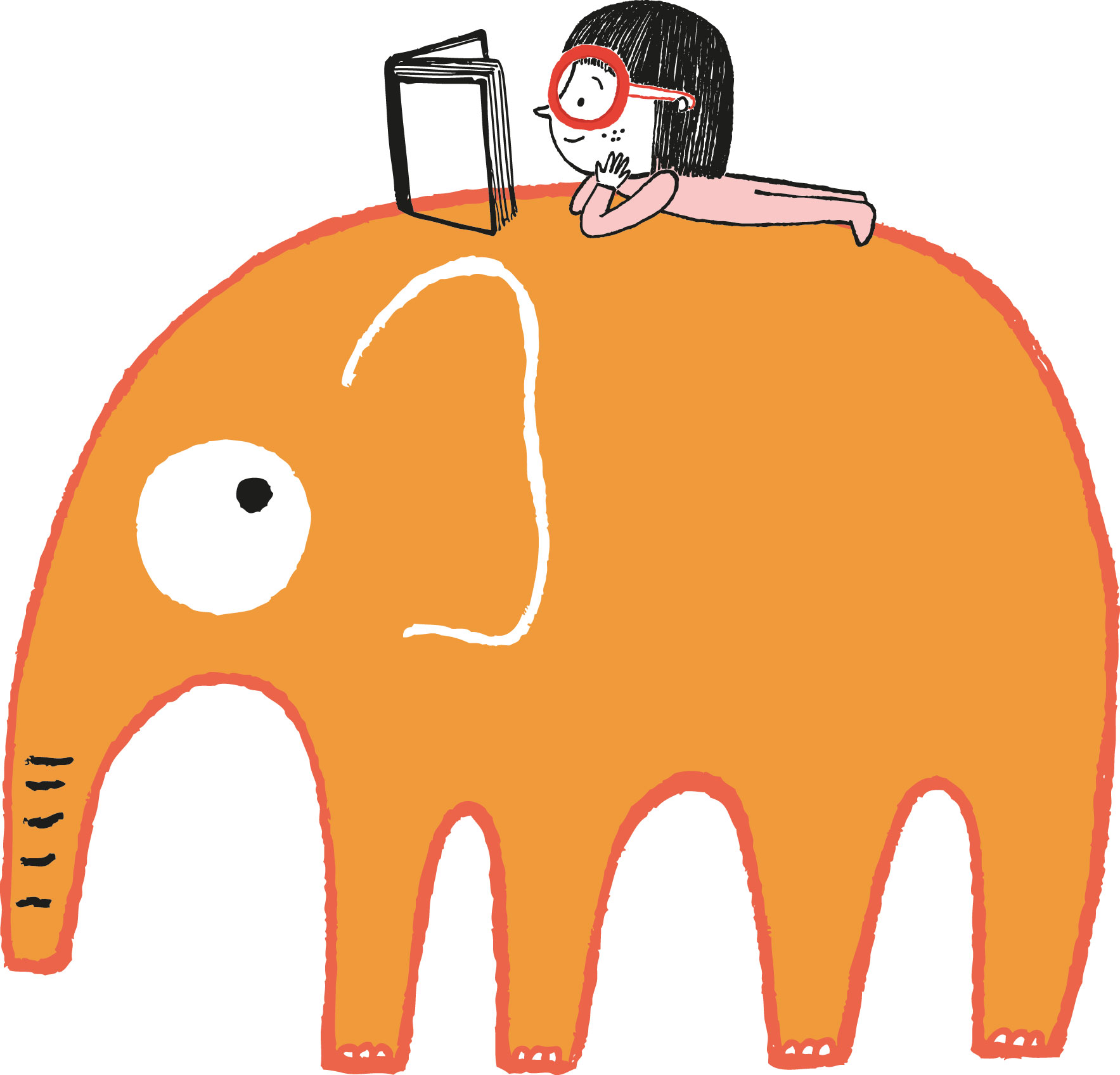 Zeichnung: lesendes Kind auf Elefant