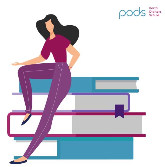 Frau mit Büchern und PoDS-Logo